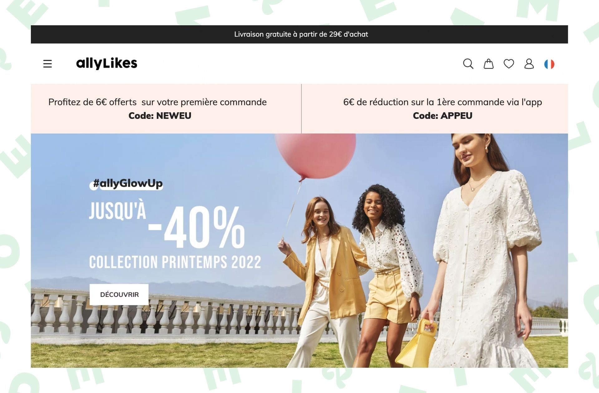 « Livraison gratuite » par-ci, « 6€ offerts » par là, « 6€ de réduction » aussi, sans compter les « jusqu'à -40% », AllyLikes regorge de messages promotionnels pour appâter le chaland. © Capture d'écran du site d'AllyLikes.