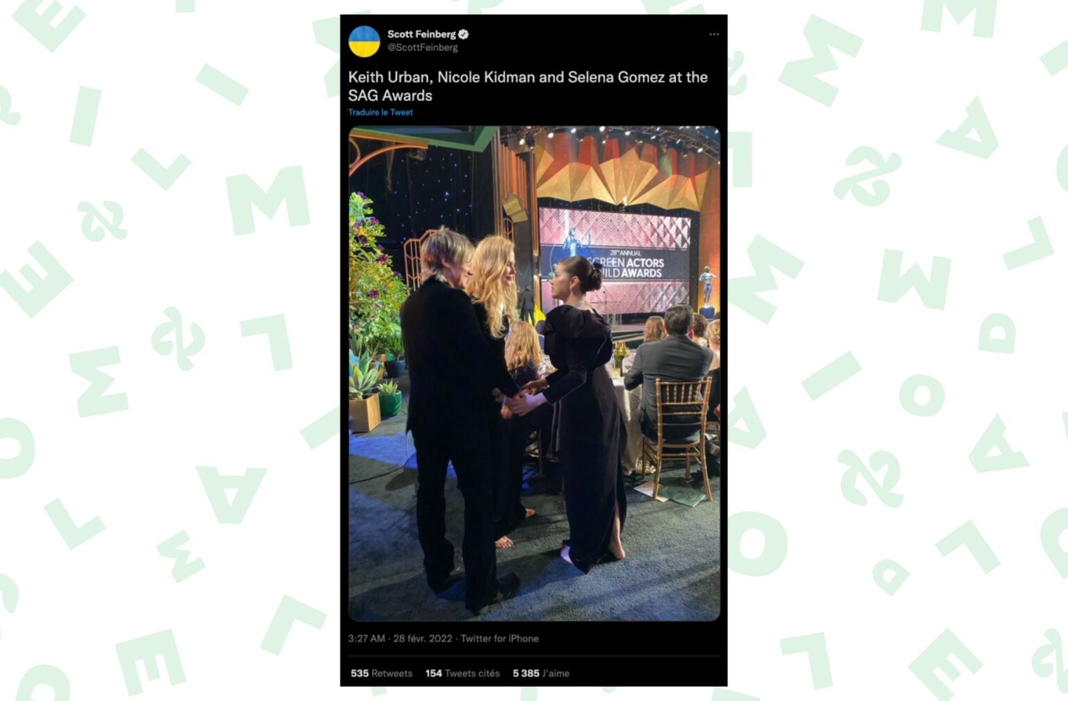 Nicole Kidman et Selena Gomez se saluent lors des SAG Awards le 27 février 2022 à Santa Monica. © Capture d'écran Twitter. Nicole Kidman et Selena Gomez se saluent lors des SAG Awards le 27 février 2022 à Santa Monica. © Capture d'écran Twitter.