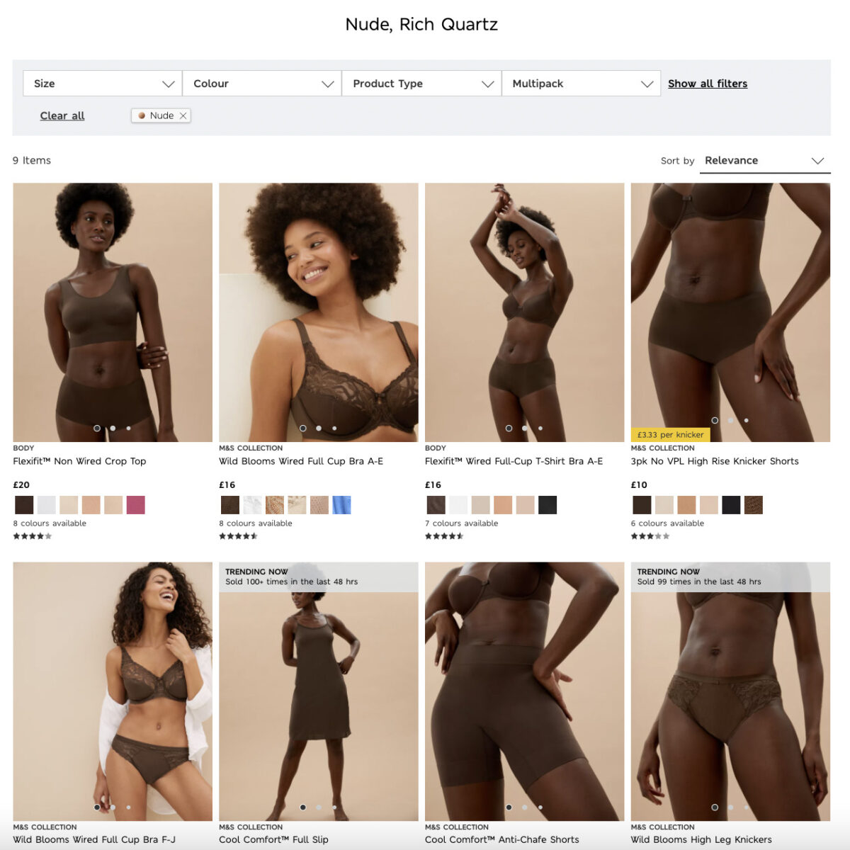 Chez Marks & Spencer, le nude ne désigne plus seulement des tons beiges clairs, mais bien tout un éventail de carnations jusqu'aux plus foncées désignées « rich quartz ». © Capture d'écran de l'eshop de Marks & Spencer. Chez Marks & Spencer, le nude ne désigne plus seulement des tons beiges clairs, mais bien tout un éventail de carnations jusqu'aux plus foncées désignées « rich quartz ». © Capture d'écran de l'eshop de Marks & Spencer.