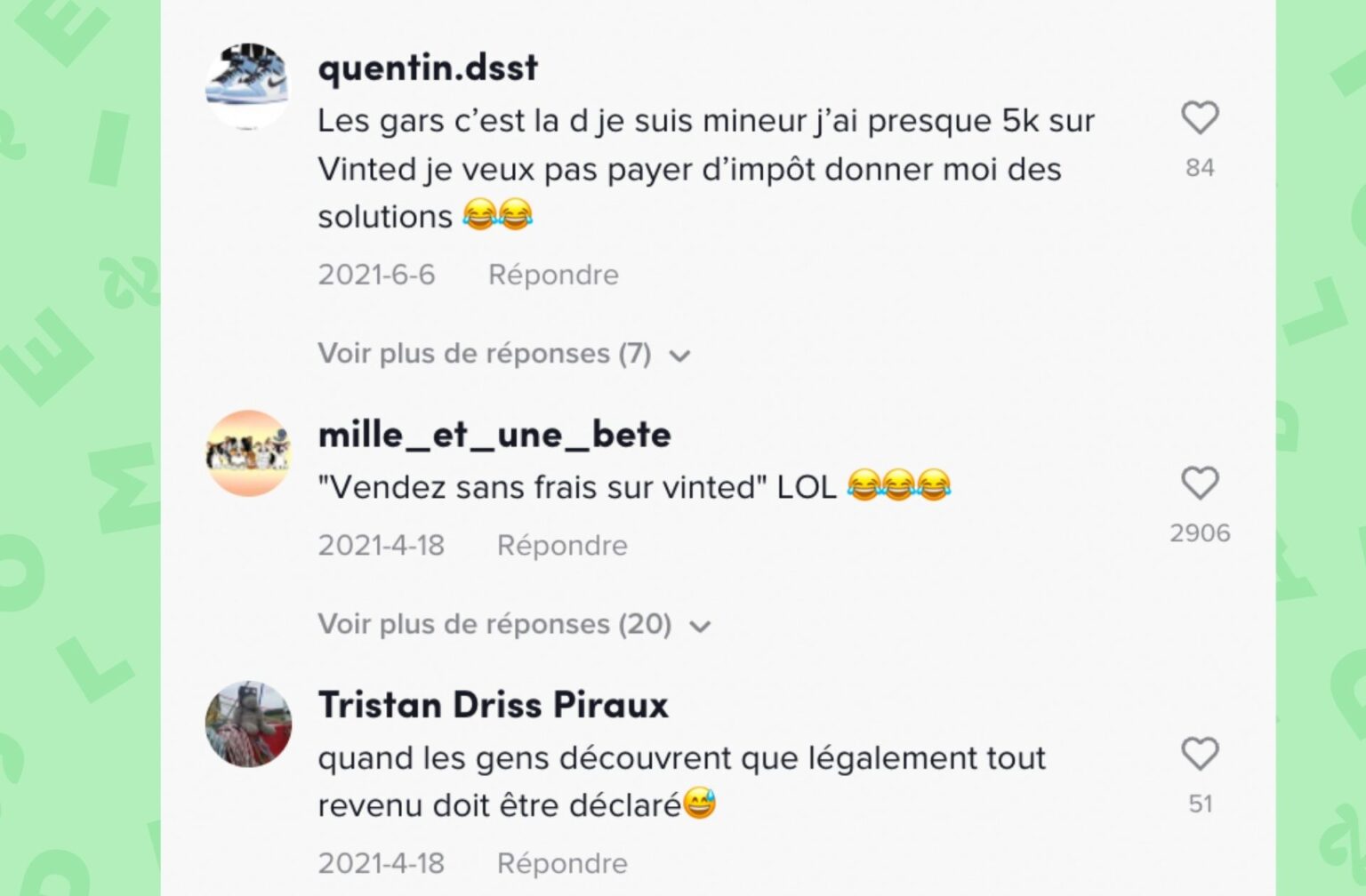 Des commentaires sous une vidéo TikTok concernant les revenus Vinted imposables Des commentaires sous une vidéo TikTok concernant les revenus Vinted imposables
