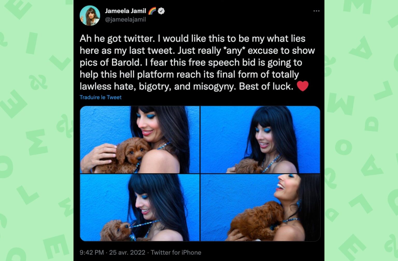 Jameela Jamil quitte Twitter suite au rachat de la plateforme par Elon Musk Jameela Jamil quitte Twitter suite au rachat de la plateforme par Elon Musk