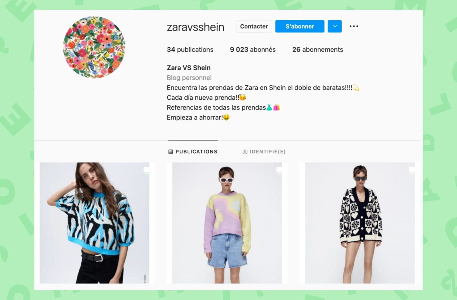 « Trouvez des vêtements Zara chez Shein deux fois moins cher !!!! Chaque jour un nouveau vêtement !! Références de tous les vêtements. Commencez à économiser !🤑 » clame OKLM le compte Instagram @ZaraVsShein qui a moins d'un an et déjà près de 10.000 personnes abonnées. © Capture d'écran Instagram.