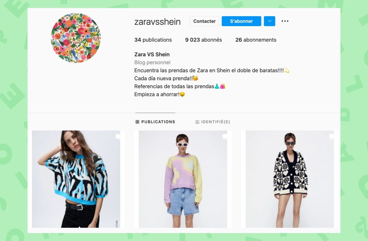 « Trouvez des vêtements Zara chez Shein deux fois moins cher !!!! Chaque jour un nouveau vêtement !! Références de tous les vêtements. Commencez à économiser !🤑 » clame OKLM le compte Instagram @ZaraVsShein qui a moins d'un an et déjà près de 10.000 personnes abonnées. © Capture d'écran Instagram. « Trouvez des vêtements Zara chez Shein deux fois moins cher !!!! Chaque jour un nouveau vêtement !! Références de tous les vêtements. Commencez à économiser !🤑 » clame OKLM le compte Instagram @ZaraVsShein qui a moins d'un an et déjà près de 10.000 personnes abonnées. © Capture d'écran Instagram.