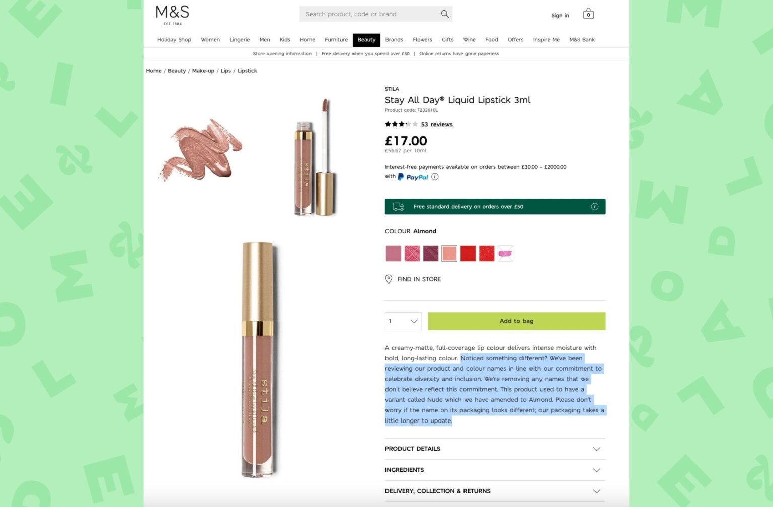 La page produit d'un rouge-à-lèvres liquide Marks & Spencer qui stipule le changement de vocabulaire de la marque pour s'affirmer plus inclusif. © Capture d'écran de l'eshop de Marks & Spencer. La page produit d'un rouge-à-lèvres liquide Marks & Spencer qui stipule le changement de vocabulaire de la marque pour s'affirmer plus inclusif. © Capture d'écran de l'eshop de Marks & Spencer.