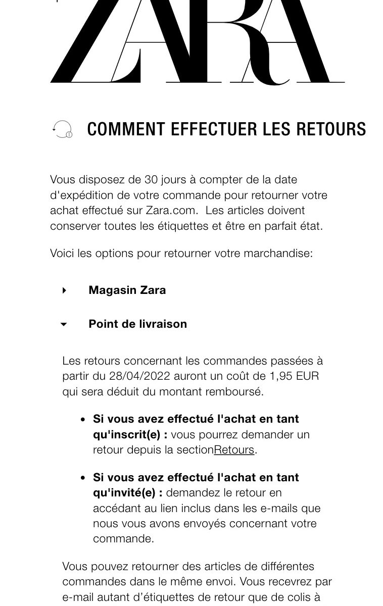 La nouvelle politique de retours payants selon Zara La nouvelle politique de retours payants selon Zara