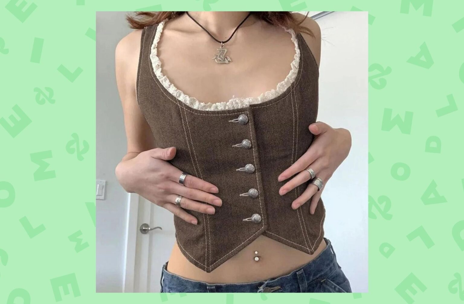 Y2K Lace Trimmed Vintage Corset Vest, Button Up Vintage Brown Corset , High Street Y2K Corset Y2K Lace Trimmed Vintage Corset Vest, Button Up Vintage Brown Corset , High Street Y2K Corset