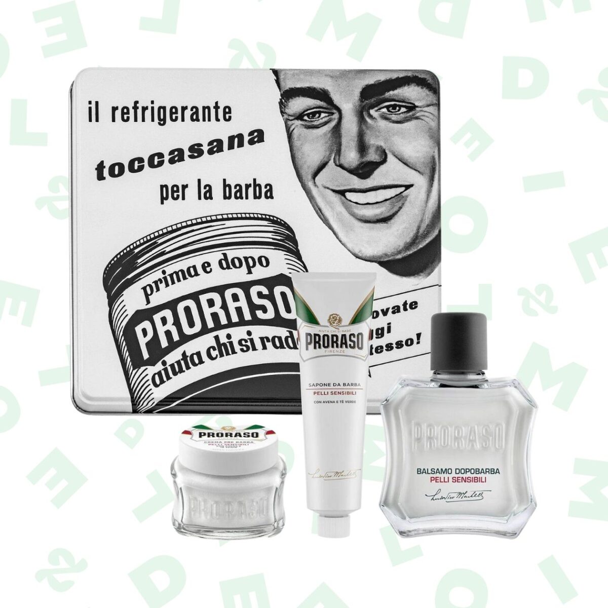 Coffret de rasage vintage pour peaux sensibles (crème avant-rasage, crème à raser et baume après-rasage) — Proraso — 18,75€. Coffret de rasage vintage pour peaux sensibles (crème avant-rasage, crème à raser et baume après-rasage) — Proraso — 18,75€.