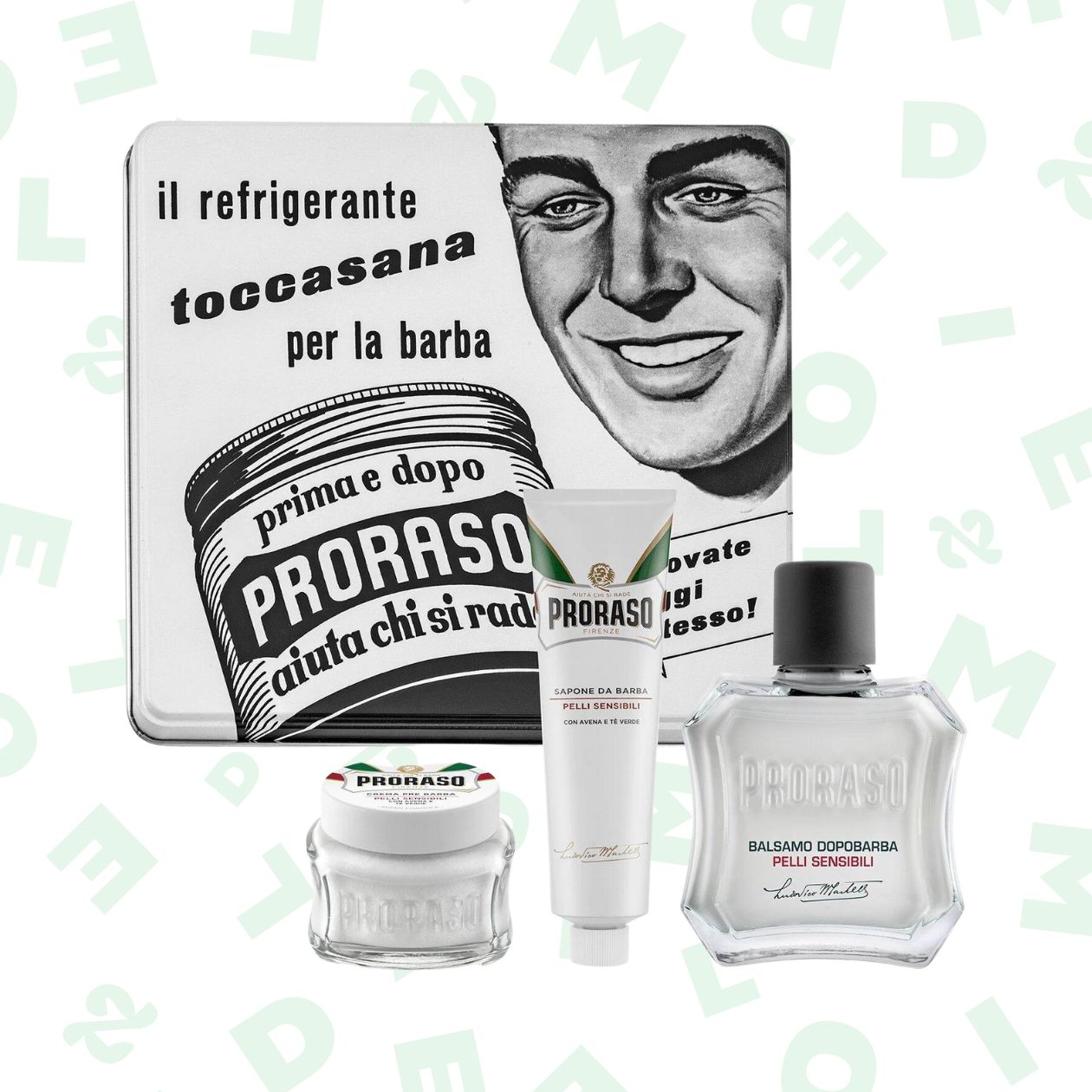 Coffret de rasage vintage pour peaux sensibles (crème avant-rasage, crème à raser et baume après-rasage) — Proraso — 18,75€.