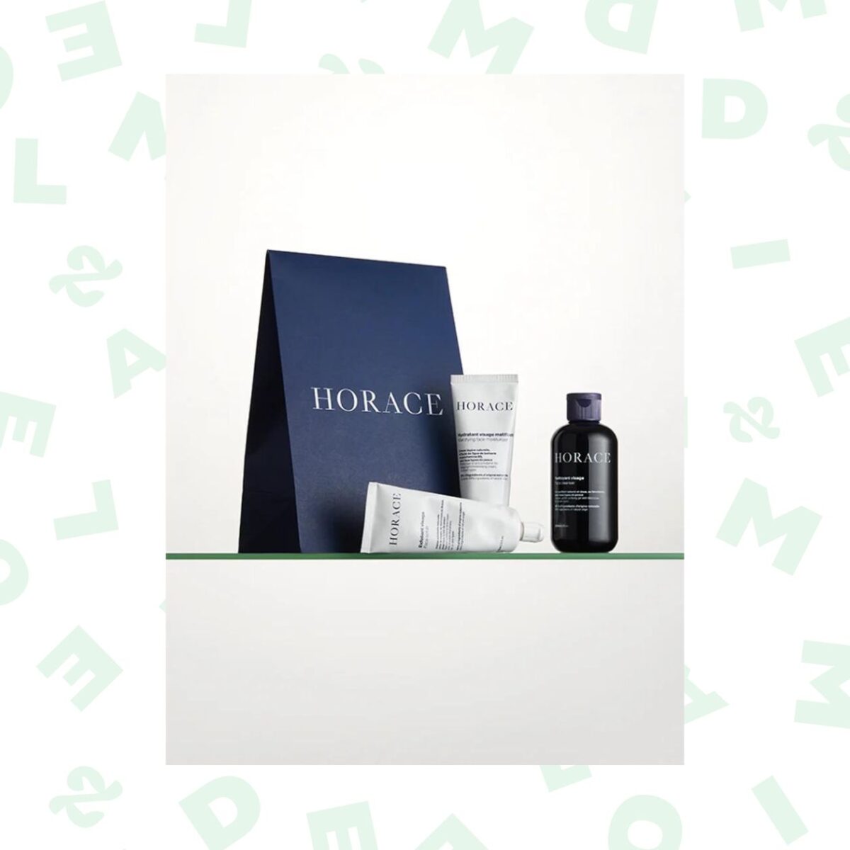 Kit cadeau visage (nettoyant purifiant, hydratant matifiant, et gommage doux) — Horace — 36€.