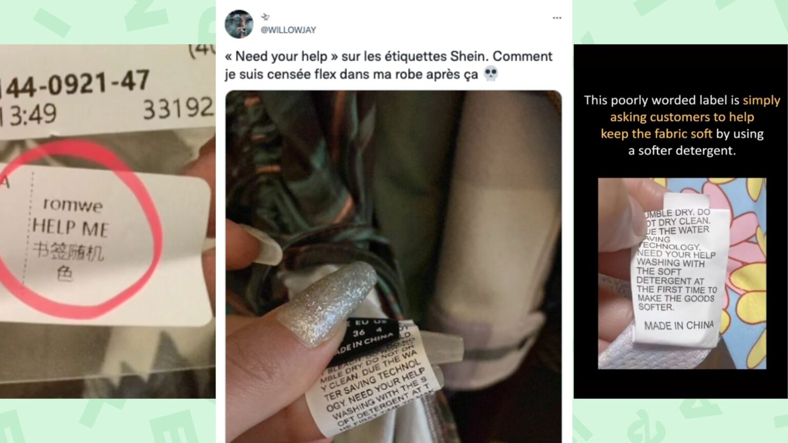 À gauche, une étiquette de vêtement Romwe attribuée à tort à Shein. Au milieu et à droite, de vraies étiquettes Shein avec une formulation maladroite résultant d'une mauvaise traduction reconnue par la marque elle-même. © capture d'écran TikTok et Twitter. À gauche, une étiquette de vêtement Romwe attribuée à tort à Shein. Au milieu et à droite, de vraies étiquettes Shein avec une formulation maladroite résultant d'une mauvaise traduction reconnue par la marque elle-même. © capture d'écran TikTok et Twitter.
