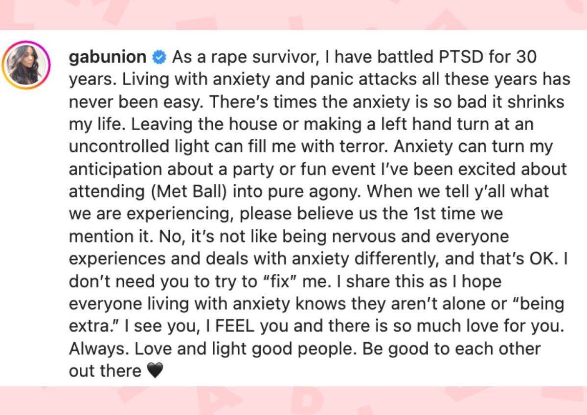 La légende de la publication de Gabrielle Union sur le PTSD. © Capture d'écran Instagram. La légende de la publication de Gabrielle Union sur le PTSD. © Capture d'écran Instagram.