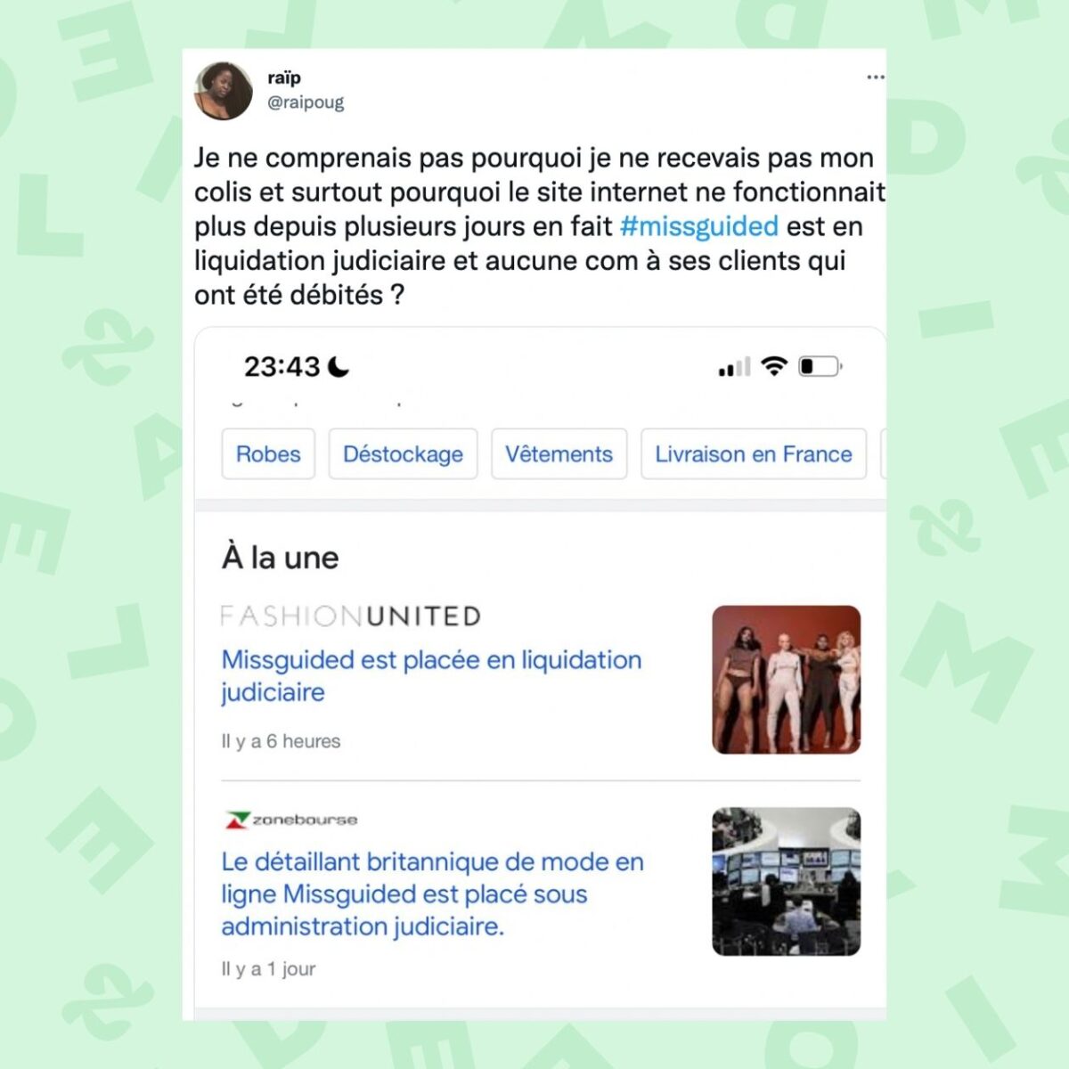 Une cliente a tweeté que Missguided n'a rien communiqué sur ses menaces de liquidation judiciaire. © Capture d'écran Twitter Une cliente a tweeté que Missguided n'a rien communiqué sur ses menaces de liquidation judiciaire. © Capture d'écran Twitter