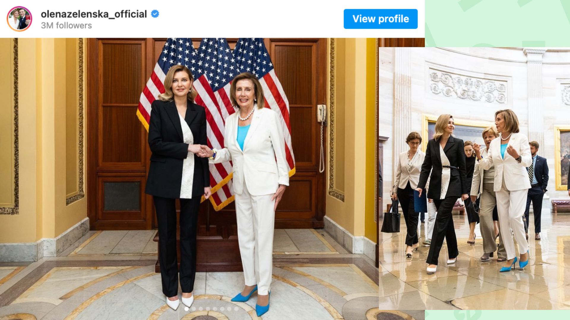 Capture d'écran Instagram d'Olena Zelenska avec la présidente de la Chambre des représentants du Congrès étatsunien, en marge de son discours au Congrès du 20 juillet.