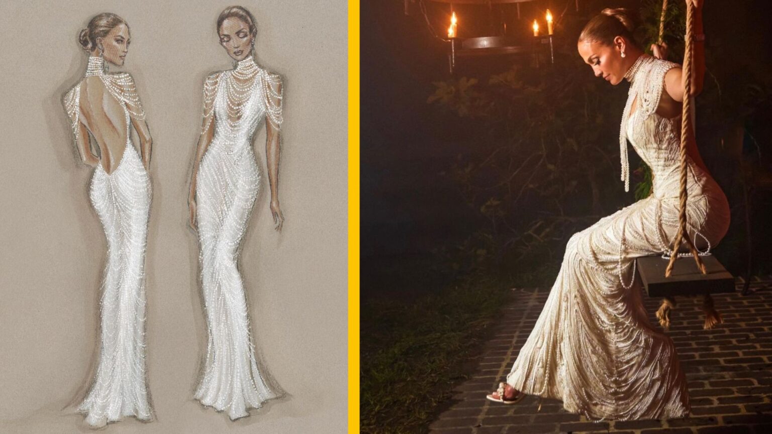 La deuxième tenue de Jennifer Lopez ferait passer la première pour minimaliste puisqu’elle se composait de rangées de perles et de cristaux Swarovski La deuxième tenue de Jennifer Lopez ferait passer la première pour minimaliste puisqu’elle se composait de rangées de perles et de cristaux Swarovski