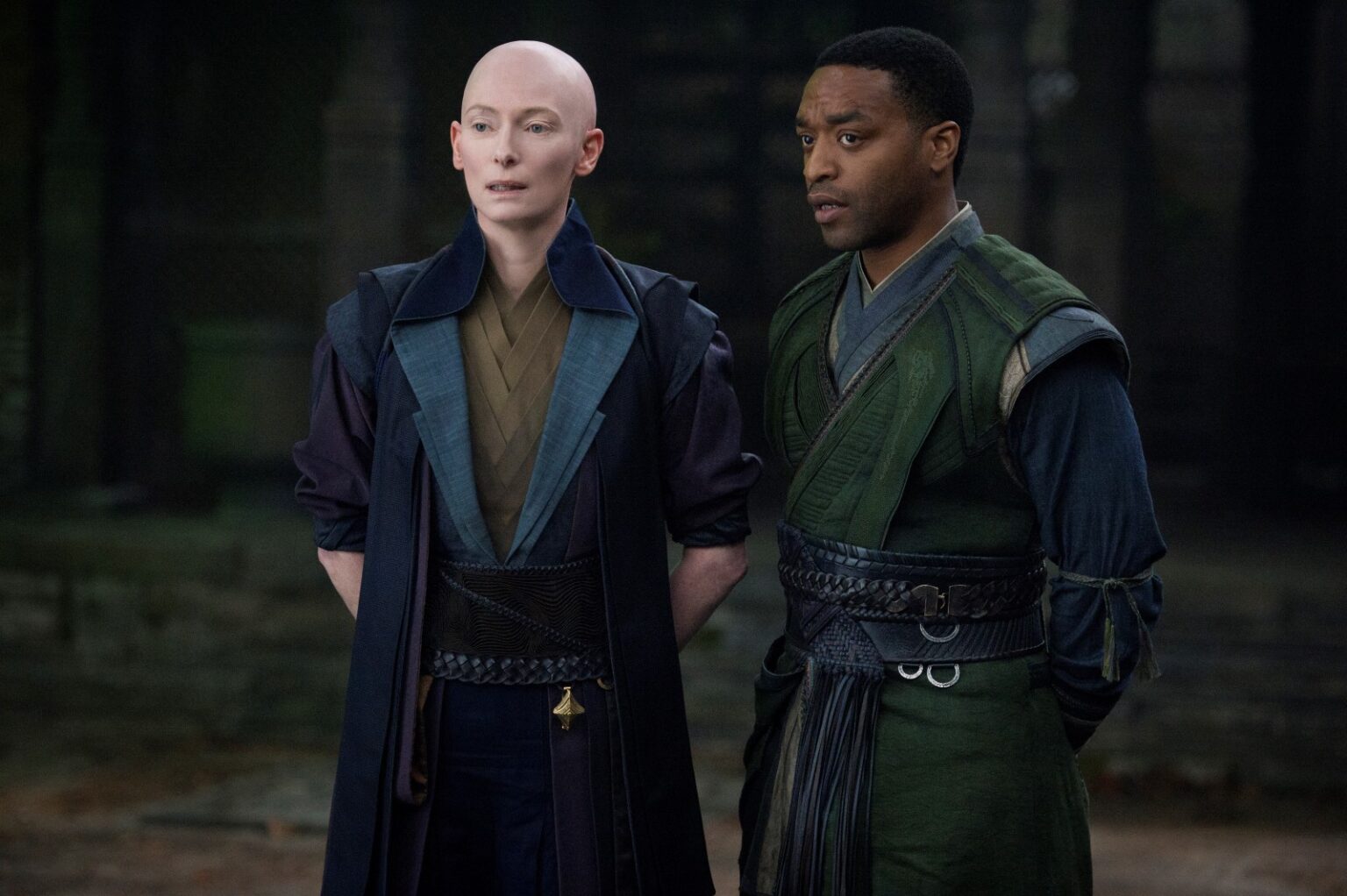 Marvel's DOCTOR STRANGE..L to R: The Ancient One (Tilda Swinton) and Mordo (Chiwetel Ejiofor)..Photo Credit: Jay Maidment..©2016 Marvel. All Rights Reserved. Marvel's DOCTOR STRANGE..L to R: The Ancient One (Tilda Swinton) and Mordo (Chiwetel Ejiofor)..Photo Credit: Jay Maidment..©2016 Marvel. All Rights Reserved.