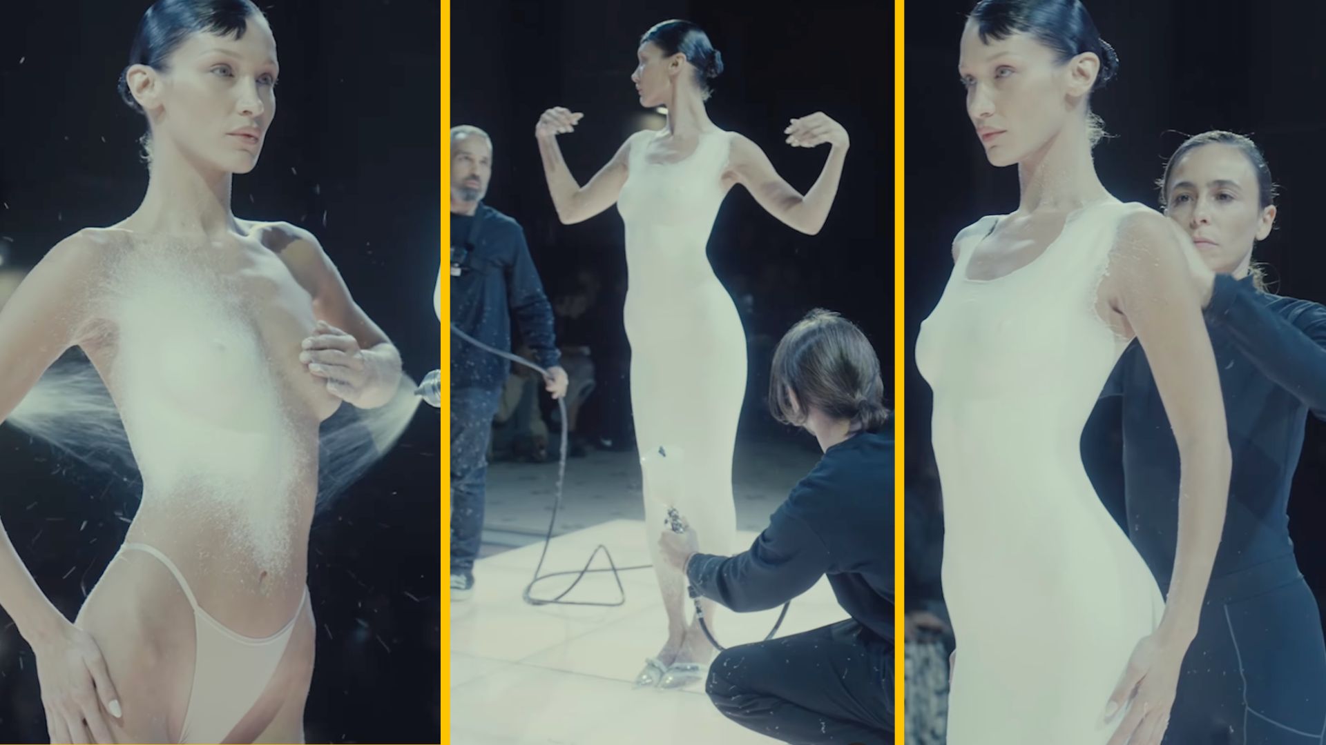 La mannequin Bella Hadid pour le final du défilé Coperni printemps-été 2023