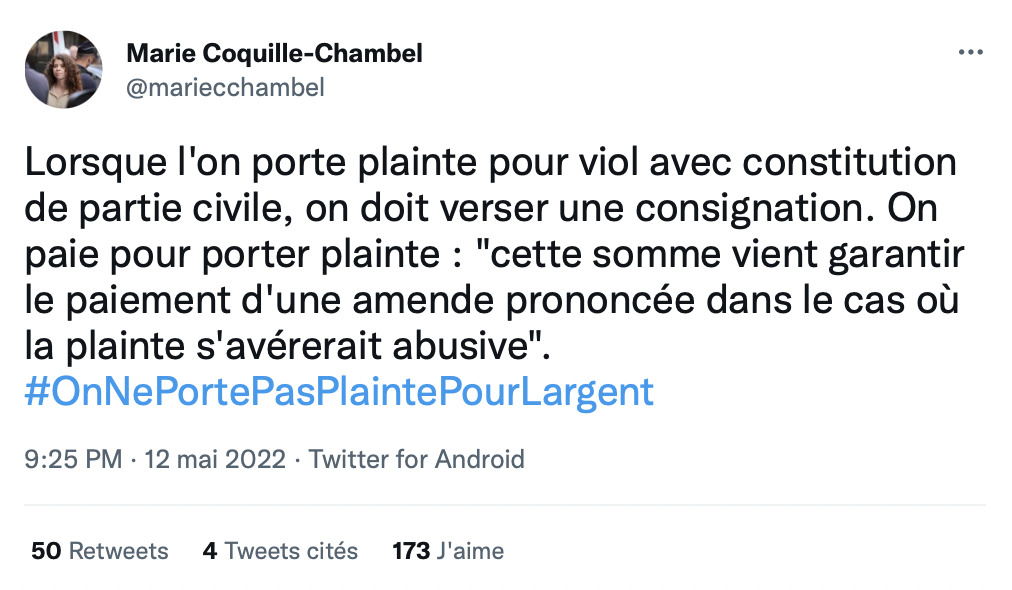 #OnNePortePasPlaintePourLargent twitter Marie coquille chambel