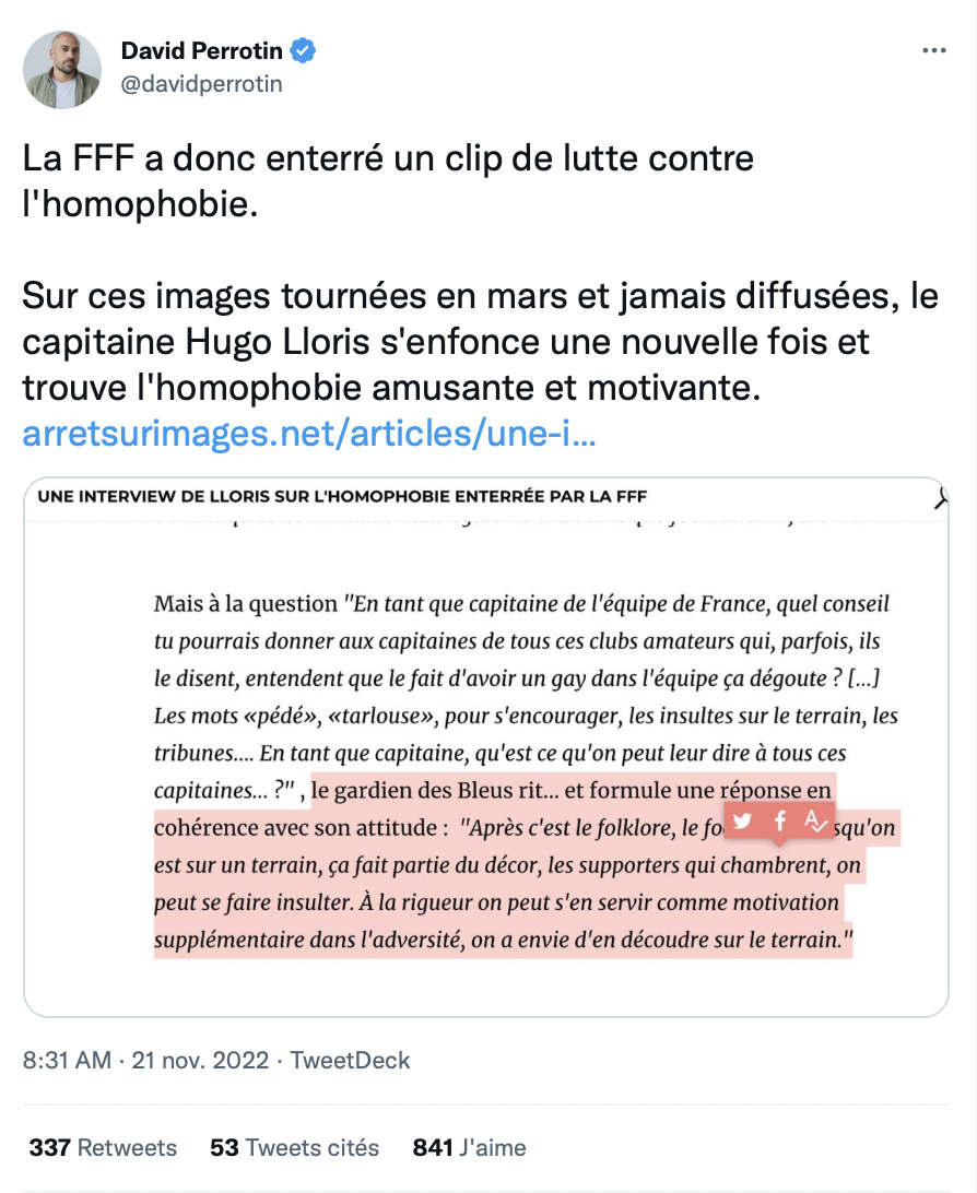 tweet arret sur images hugo lloris homophobie