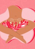 Corps assis, avec des fleurs entre les jambes et un uterus dessiné sur le ventre