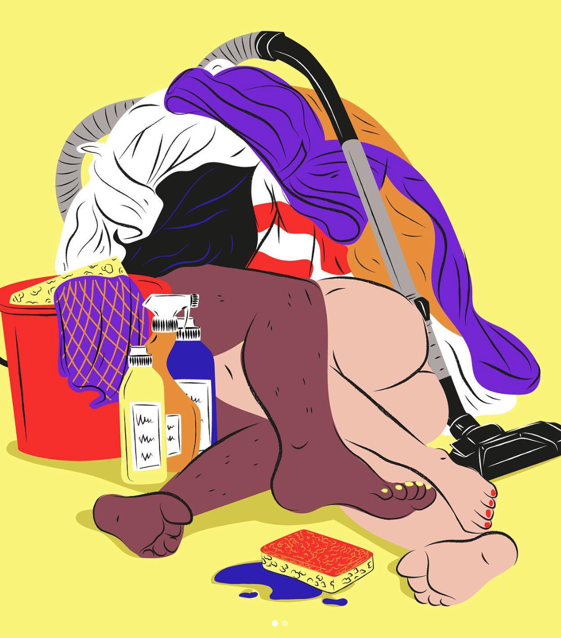 Illustration de Lauren Villiers représentant deux corps sous une pile de linge, à coté de produits ménagers.