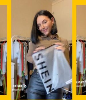 Capture d'écran TikTok d'une influenceuse faisant un haul de vêtements Shein // Source : @sunlizzeb