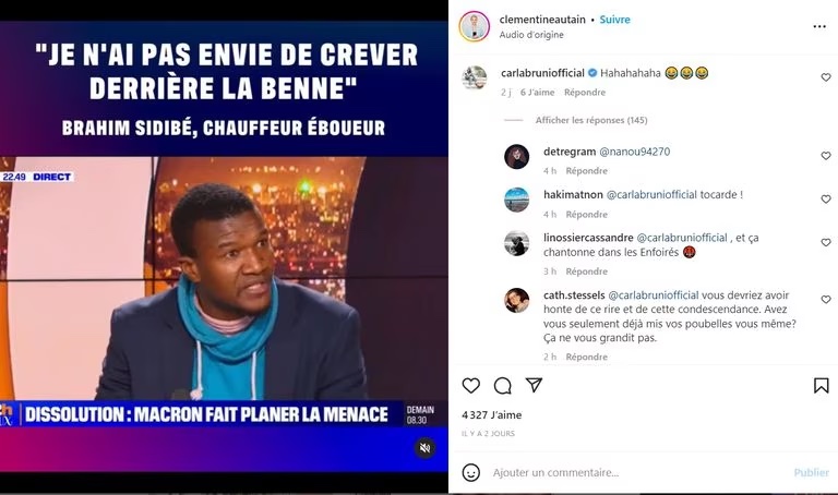 Carla Bruni se moque d’un éboueur en commentaire d’une publication de la députée Clementine Autain Carla Bruni se moque d’un éboueur en commentaire d’une publication de la députée Clementine Autain