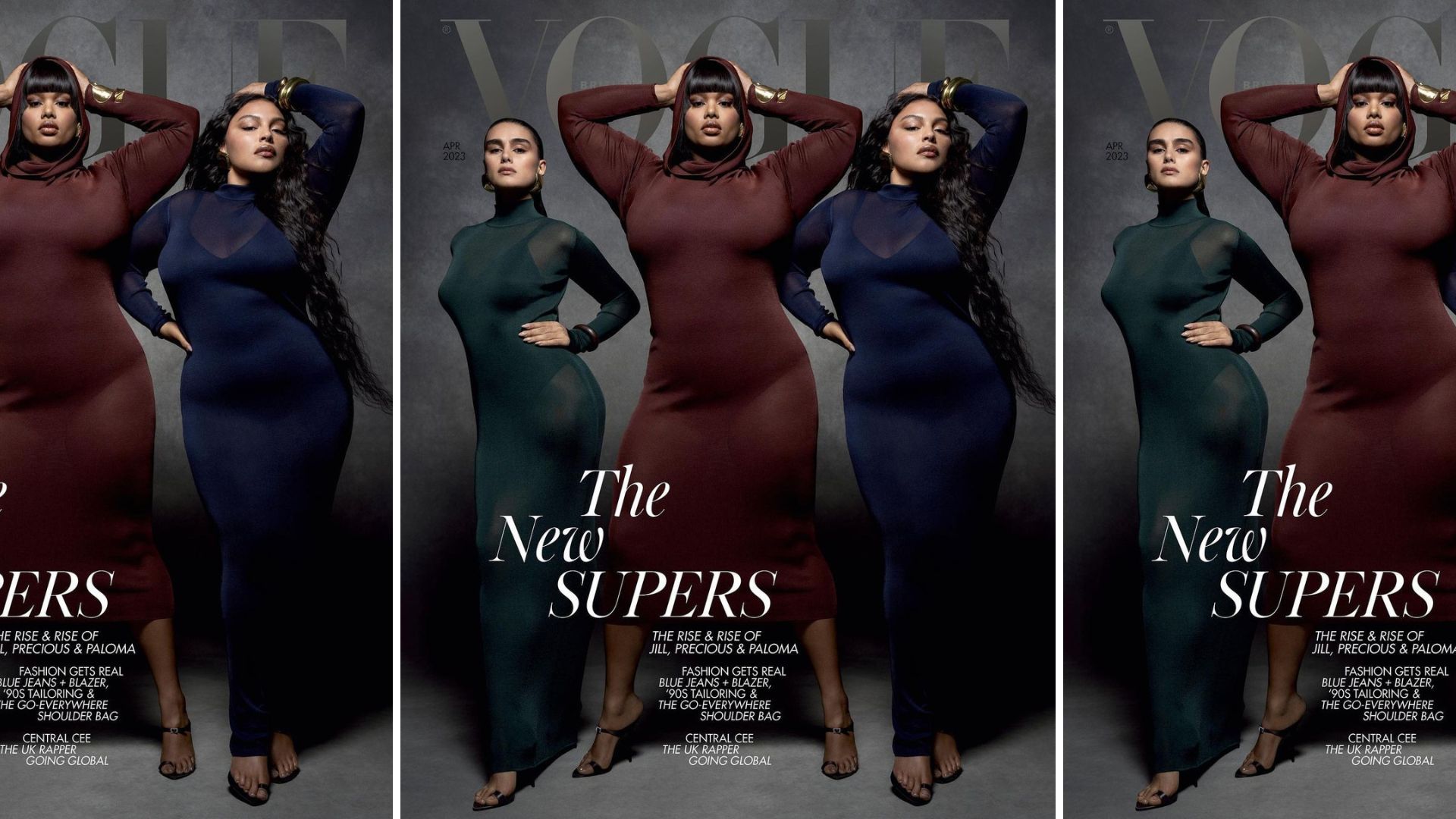 Couverture du British Vogue d'avril 2023 photographiée par Inez & Vinoodh, avec les tops grande taille Paloma Elsesser, Precious Lee et Jill Kortleve en robe Saint Laurent // Source : Inez & Vinoodh pour British Vogue