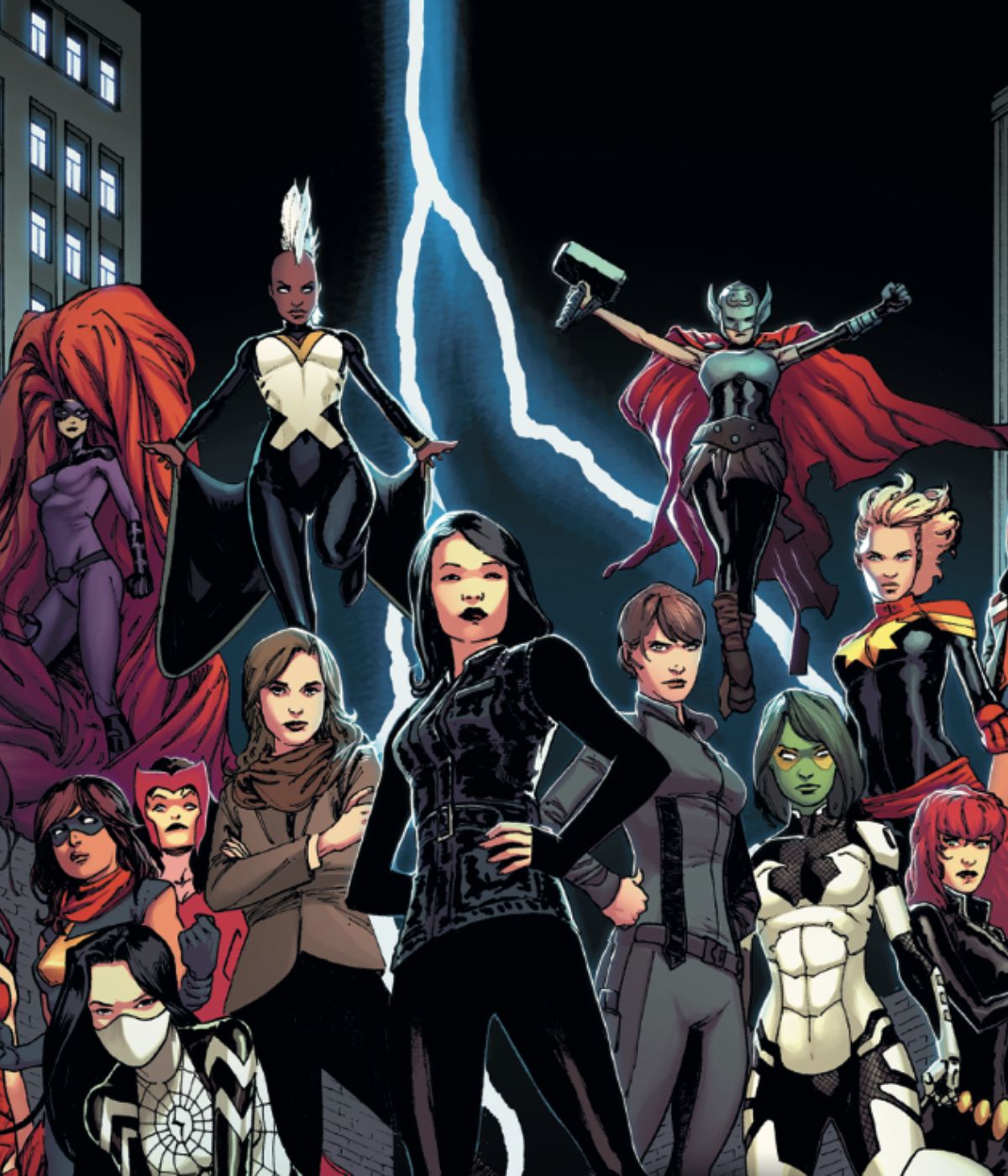 Gravure des super-huéroïnes de l'univers Marvel // Source : david Marquez/Panini Comics/Marvel