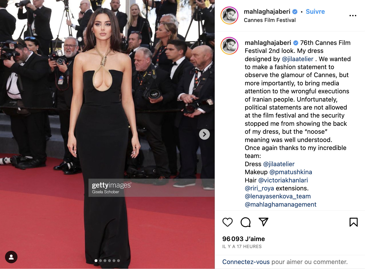 Mahlagha Jaberi précise pourquoi elle portait une robe au décolleté noeud coulant façon pendue sur Instagram