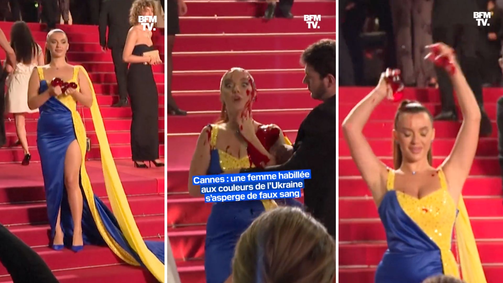 Une femme dans une robe aux couleurs du drapeau de l'Ukraine se recouvre de faux sang sur le tapis rouge du festival de Cannes 2023 // Source : Capture d'écran Twitter de BFM TV