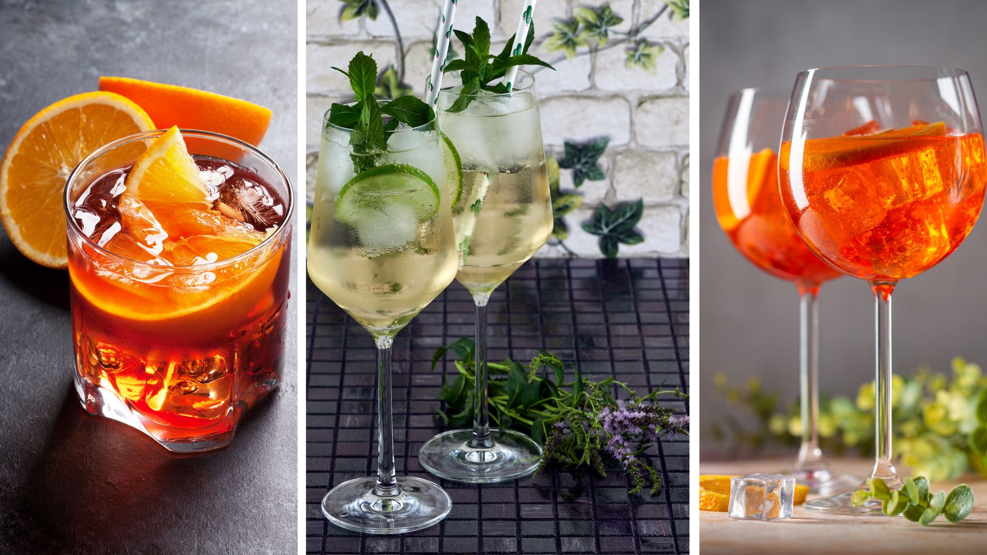 Un Negroni Sbagliato ; un Aperol Spritz ; un Hugo Spritz // Source : karandaev de Getty Images / Roxiller de Getty Images / Teodor Costachioiu de Getty Images