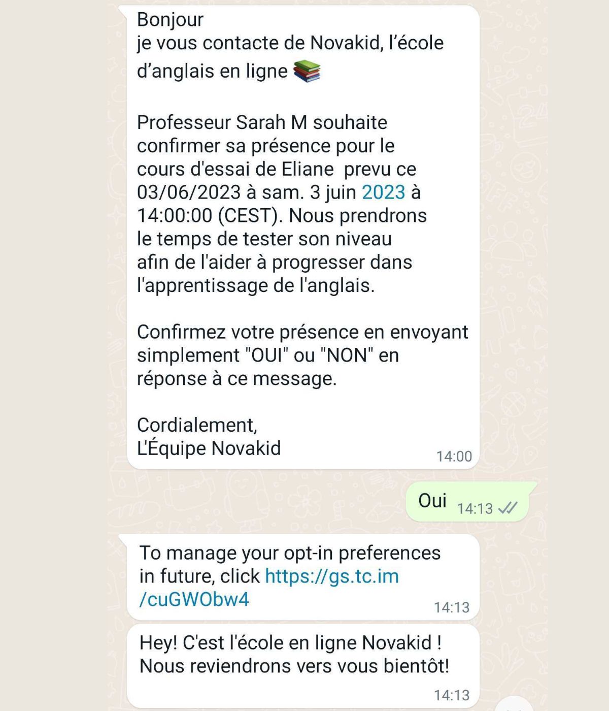 Message de confirmation Novakid via Whatsapp // Source : Novakid