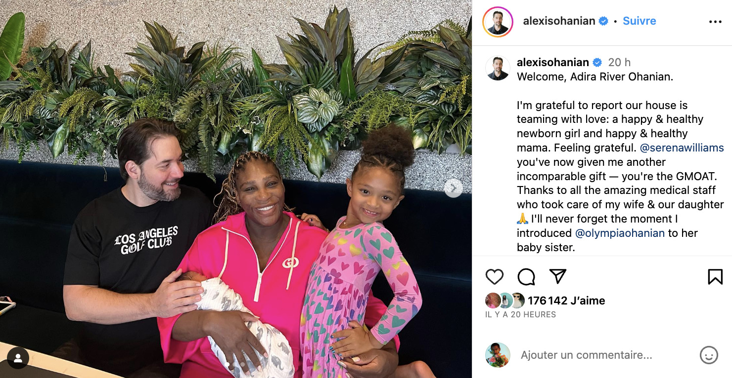 Capture d’écran Instagram de la publication d’Alexis Ohanian annonçant la naissance de sa deuxième fille avec Serena Williams