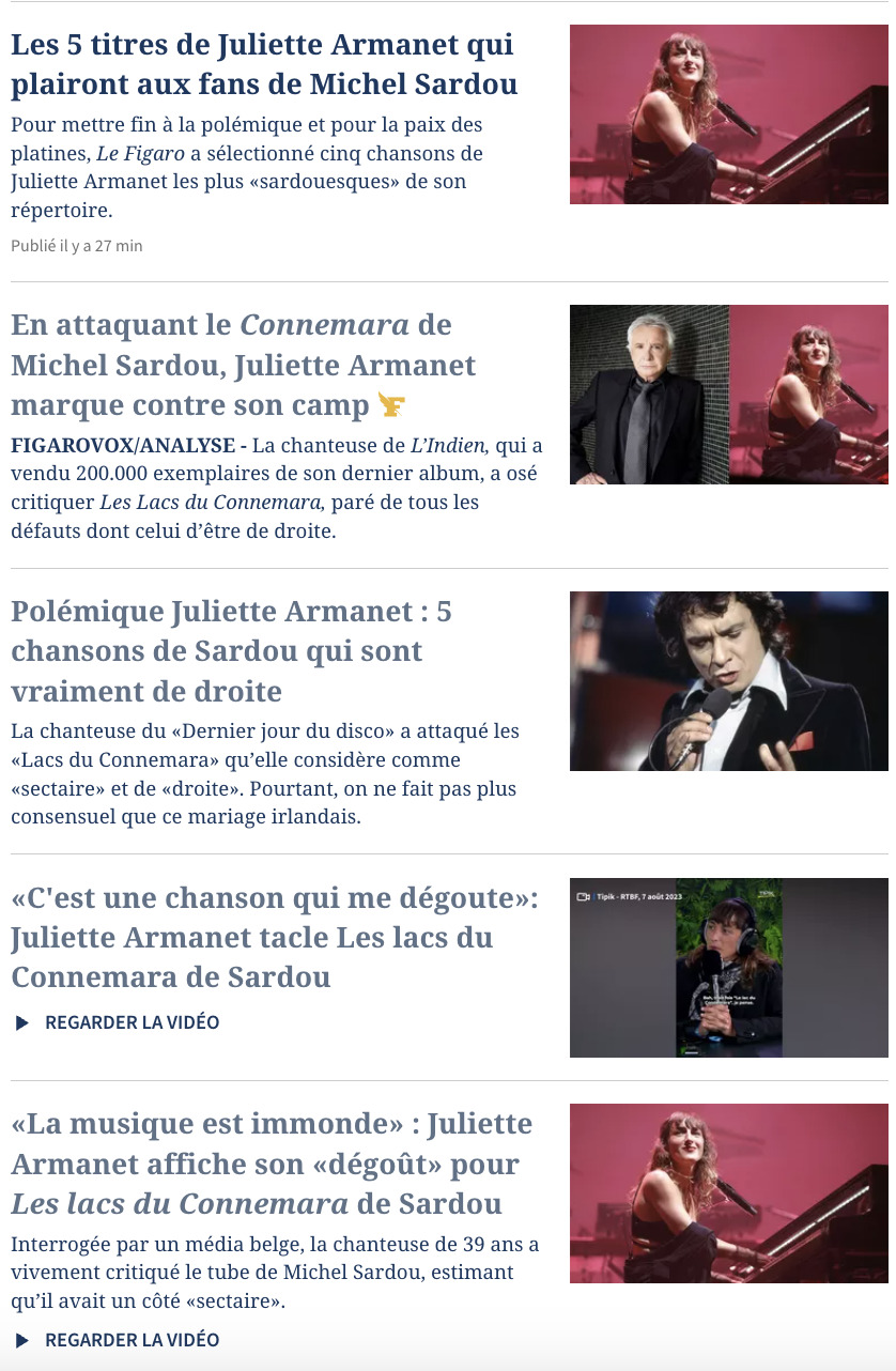 Le Figaro sort 5 articles en 24h sur le fait que Juliette Armanet n’aime pas Les Lacs du Connemara