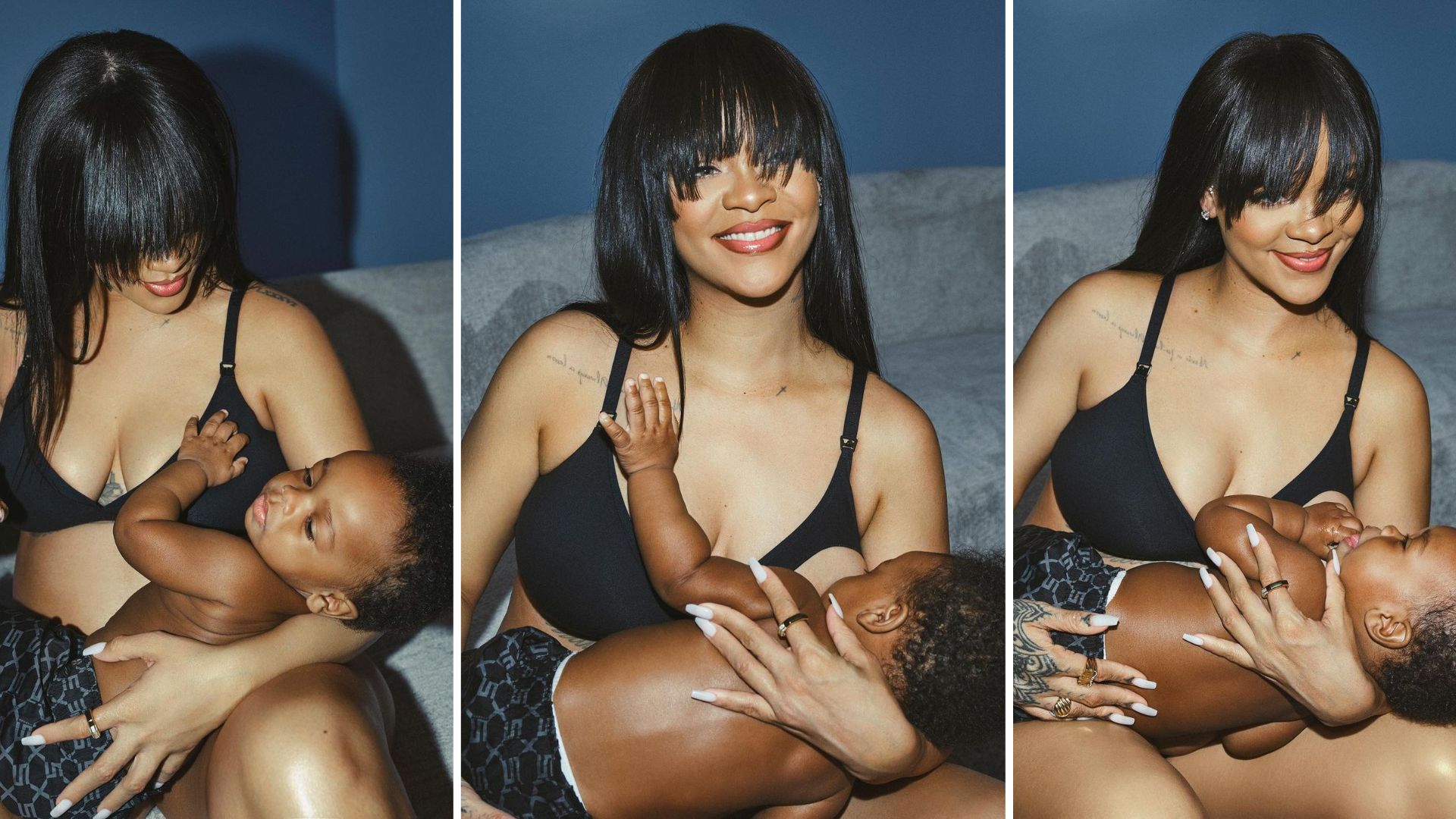 Rihanna présente un des nouveaux soutiens-gorges d'allaitement de sa marque de lingerie Savage x Fenty avec son premier enfant surnommé RZA // Source : Savage x Fenty