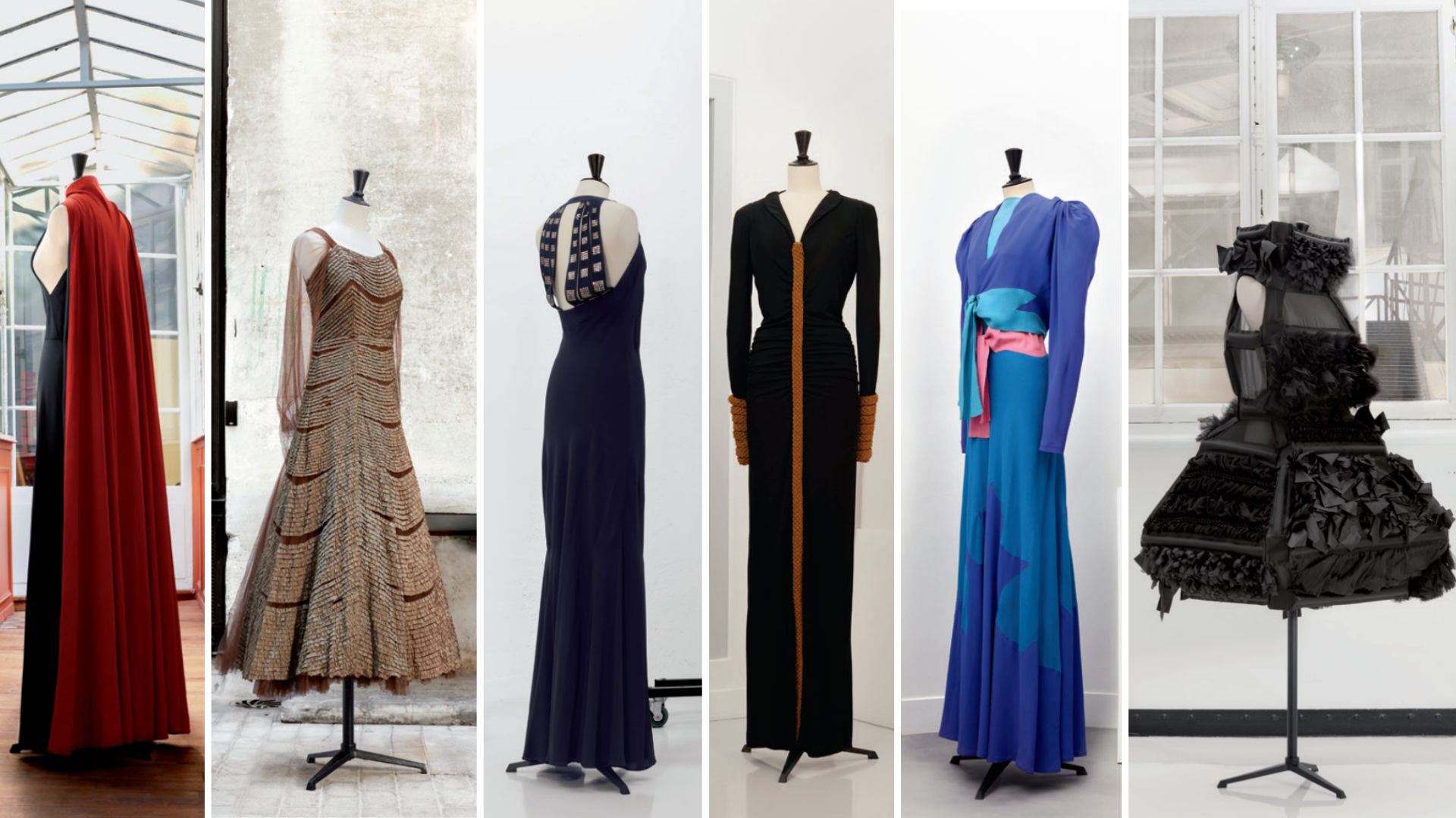 De gauche à droite : Madeleine Vionnet, robe du soir « Petits chevaux », haute couture, vers 1924 ; Chanel, robe du soir, haute couture 1937 ; Jeanne Lanvin, robe du soir, haute couture, vers 1935 ; Jean Patou, robe et gilet, haute couture, vers 1935-1938 ; Jean Patou, robe et gilet, haute couture, vers 1935-1938 ; Comme des Garçons, robe, prêt-à-porter printemps-été 2014. // Source : © Patricia Schwoerer / rgmparis