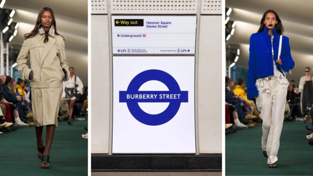 Deux silhouettes du défilé Burberry printemps-été 2024 par Daniel Lee, ainsi qu'un panneau de signalisation du métro Bond Street renommé par la maison britannique le temps de la London Fashion Week // Source : Capture d'écran Twitter / Burberry