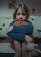 Une petite fille a l'air inquiète, assise au pied de son lit avec un doudou à la main, car elle est victime de violence sexuelle de la part d'un membre de sa famille // Source : Capture d'écran d'une campagne nationale du gouvernement sur l'inceste
