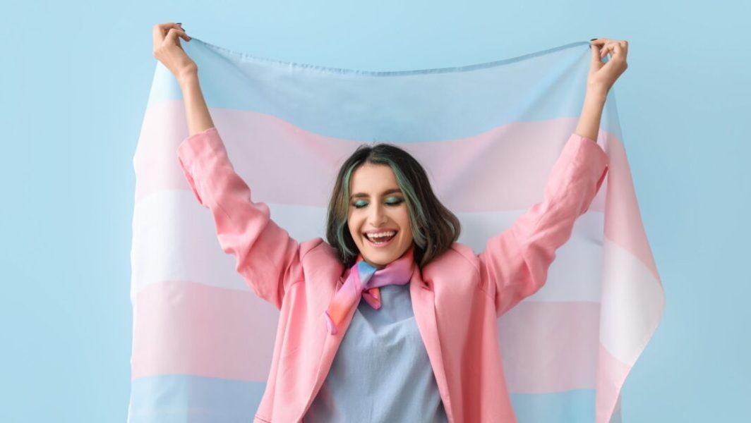 Une personne portant fièrement le drapeau des transidentités // Source : pixelshot