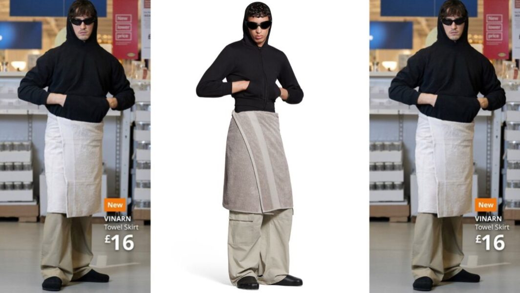 Balenciaga sort une jupe-serviette à 695 € qui amuse déjà IKEA.jpg // Source : Capture d'écran Instagram d'IKEA UK / Capture d'écran de l'eshop de BALENCIAGA