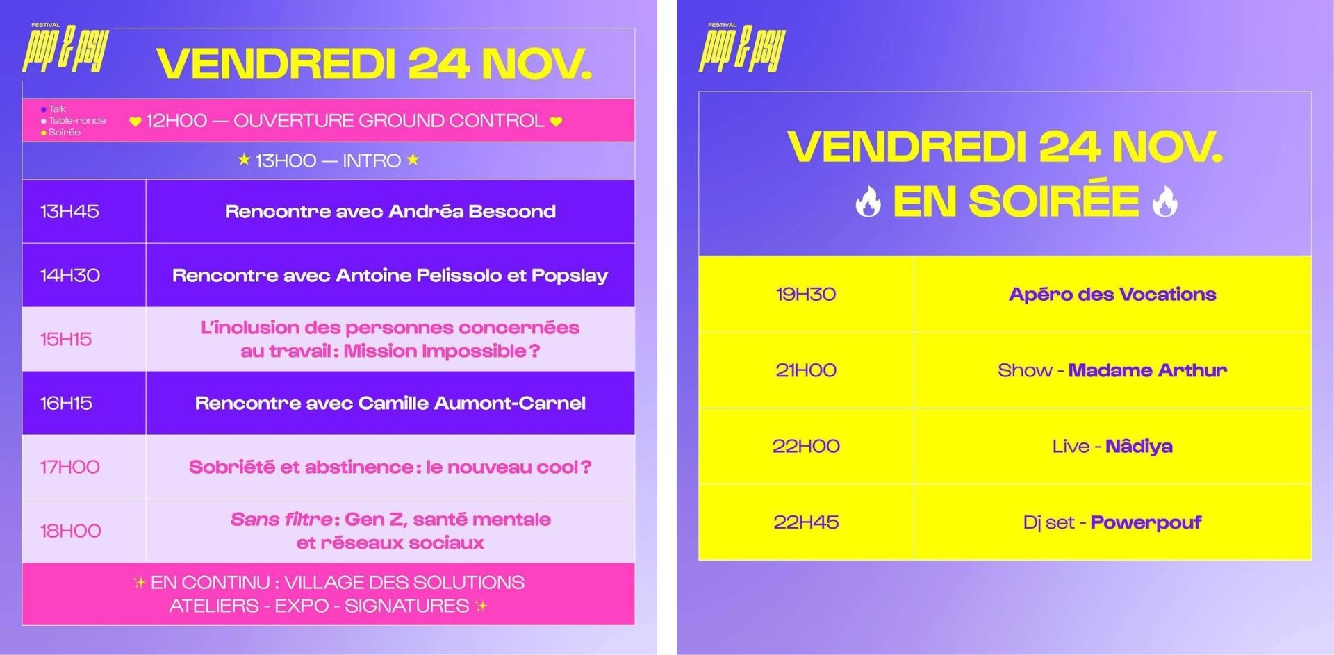 Le programme du festival Pop & Psy le vendredi 24 novembre 2023