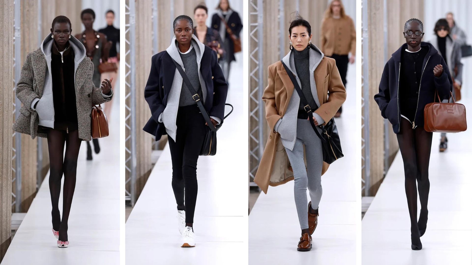 4 hoodies associés à une tenue de bureau lors du défilé Miu Miu automne-hiver 2023-2024 // Source : Miu Miu