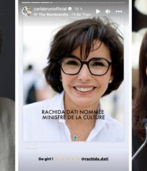 Portrait presse d'Alice Coffin / Une photo de Rachida Dati en story Instagram de Carla Bruni qui se réjouit de sa nomination au poste de ministre de la culture / Anne Hidalgo Anne Hidalgo au dîner annuel de la FIDH (Fédération Internationale des Droits de l'Homme) à l'Hôtel de Ville le 6 décembre 2016 à Paris // Source : JF Paga / Capture d'écran Instagram de Carla Bruni / FIDH (Creative Commons)