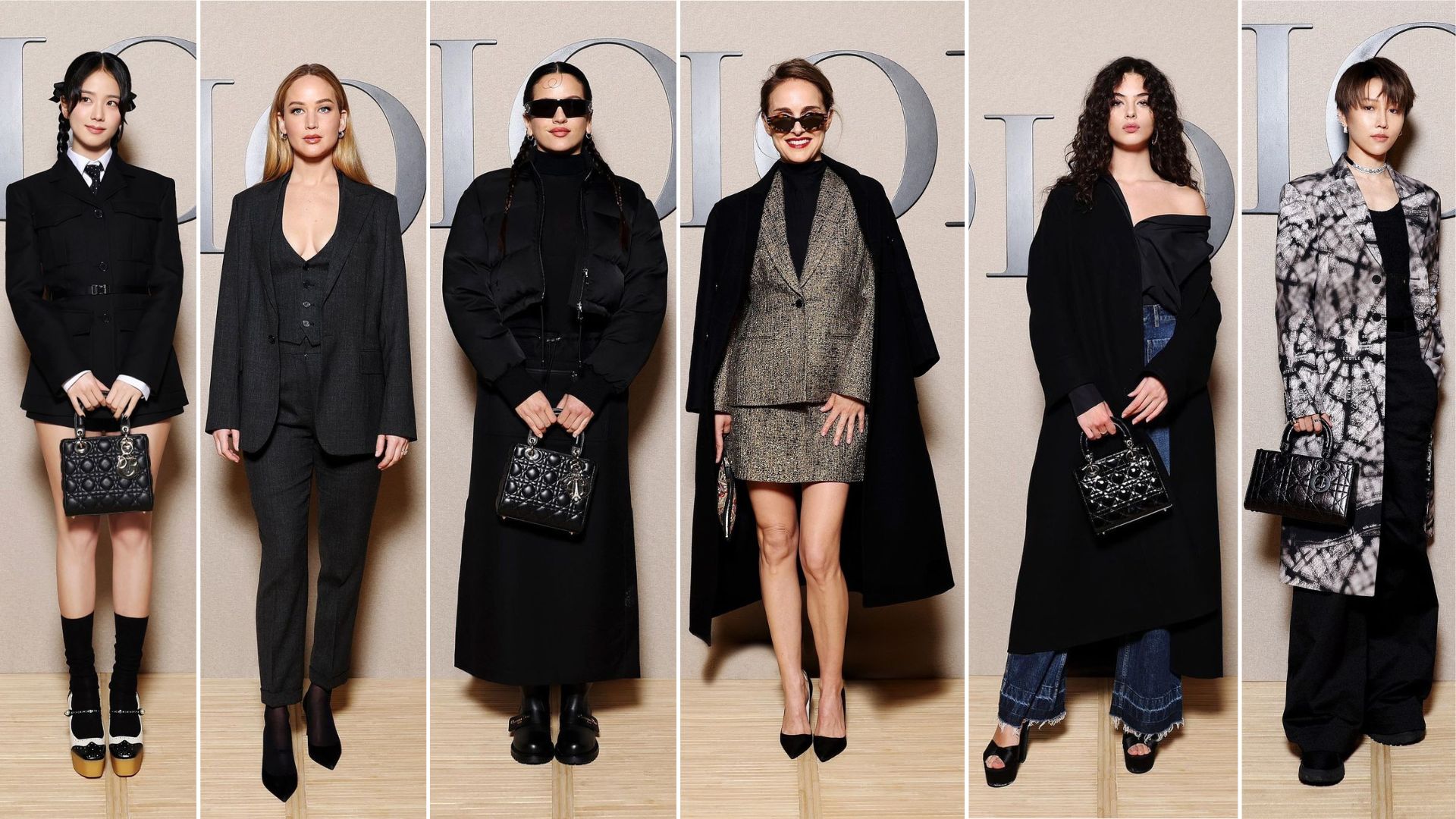 Jisoo, Jennifer Lawrence, Rosalia, Natalie Portman, Deva Cassel, et Xin Liu au défilé Dior automne-hiver 2024-2025, présenté à Paris le 27 février 2024