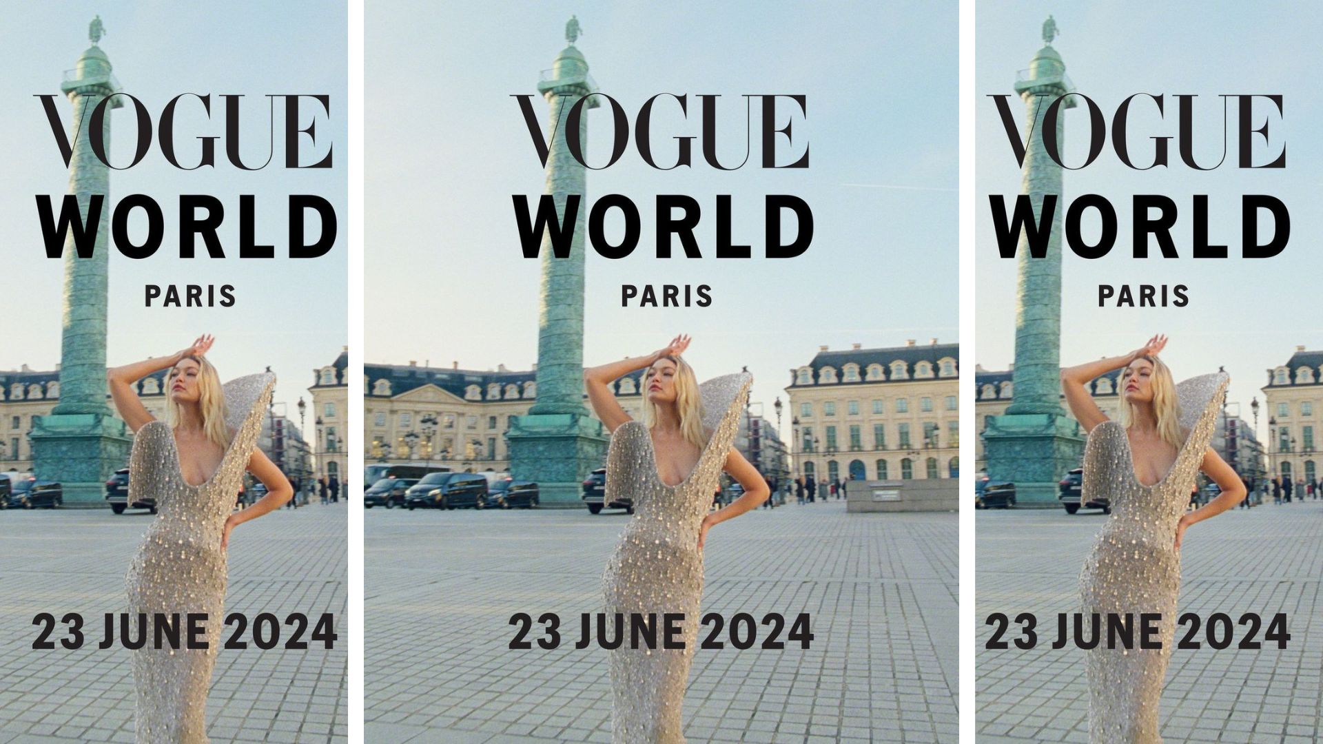 Gigi Hadid pose pour l'affiche de l'événement Vogue World : Paris, qui aura lieu le 23 juin 2024, place Vendôme, juste avant la fashion week haute couture // Source : Capture d'écran Instagram