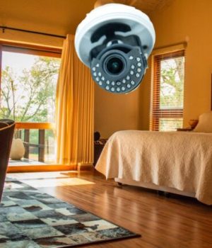Une caméra de surveillance dans une chambre de parahôtellerie (Montage Madmoizelle) // Source : Goodlot Dupwa de Pexels / OLEKSANDR KOZACHOK de Getty Images / 
