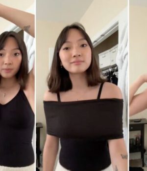 Comment transformer un débardeur en haut aux épaules dénudées dit "Bardot"  // Source : Capture d'écran TikTok @rebeccaxko