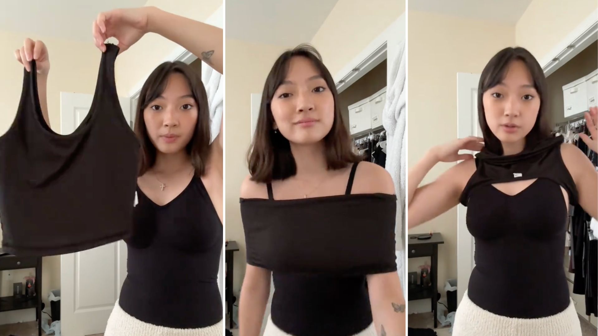 Comment transformer un débardeur en haut aux épaules dénudées dit "Bardot"  // Source : Capture d'écran TikTok @rebeccaxko