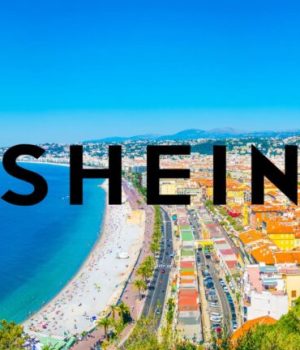 Une photo de la ville de Nice, avec au centre le logo de SHEIN // Source :  trabantos de Getty Images Pro
