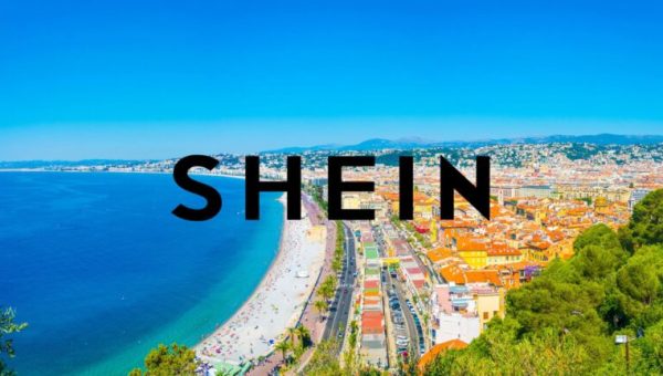 Une photo de la ville de Nice, avec au centre le logo de SHEIN // Source :  trabantos de Getty Images Pro